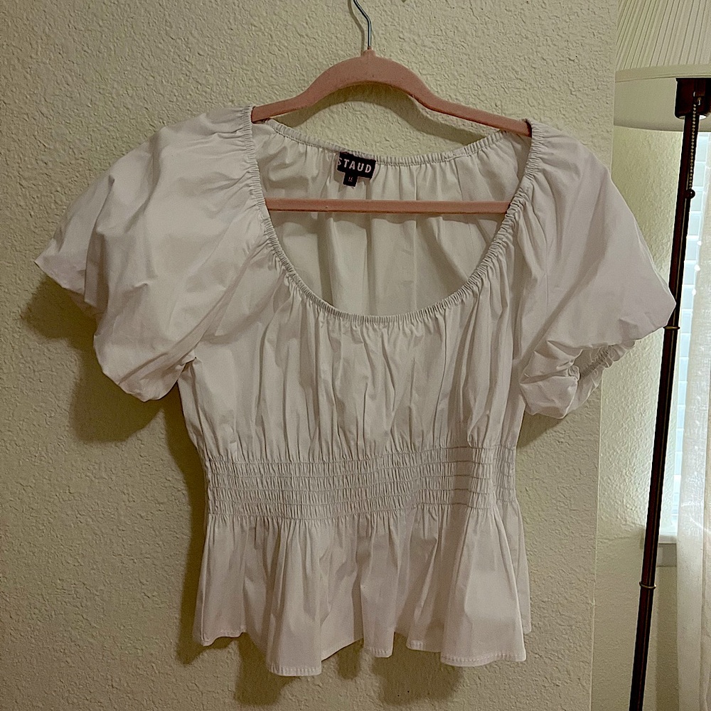 Staud Smocked Short Sleeve Top - M
